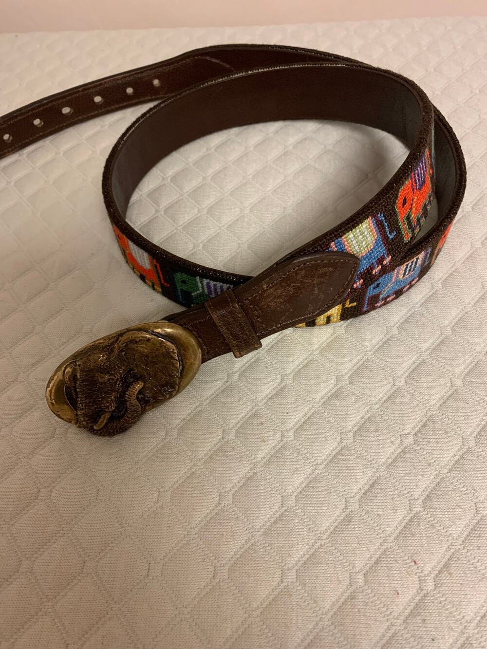 Vintage Belt Needlepoint Brass Elephant Buckle Brown Leather Rare 80s